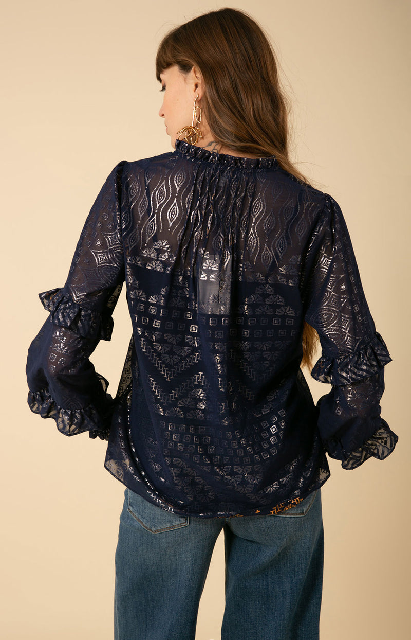 Mäelys Foiled Chiffon Lace-Up Top, color_navy