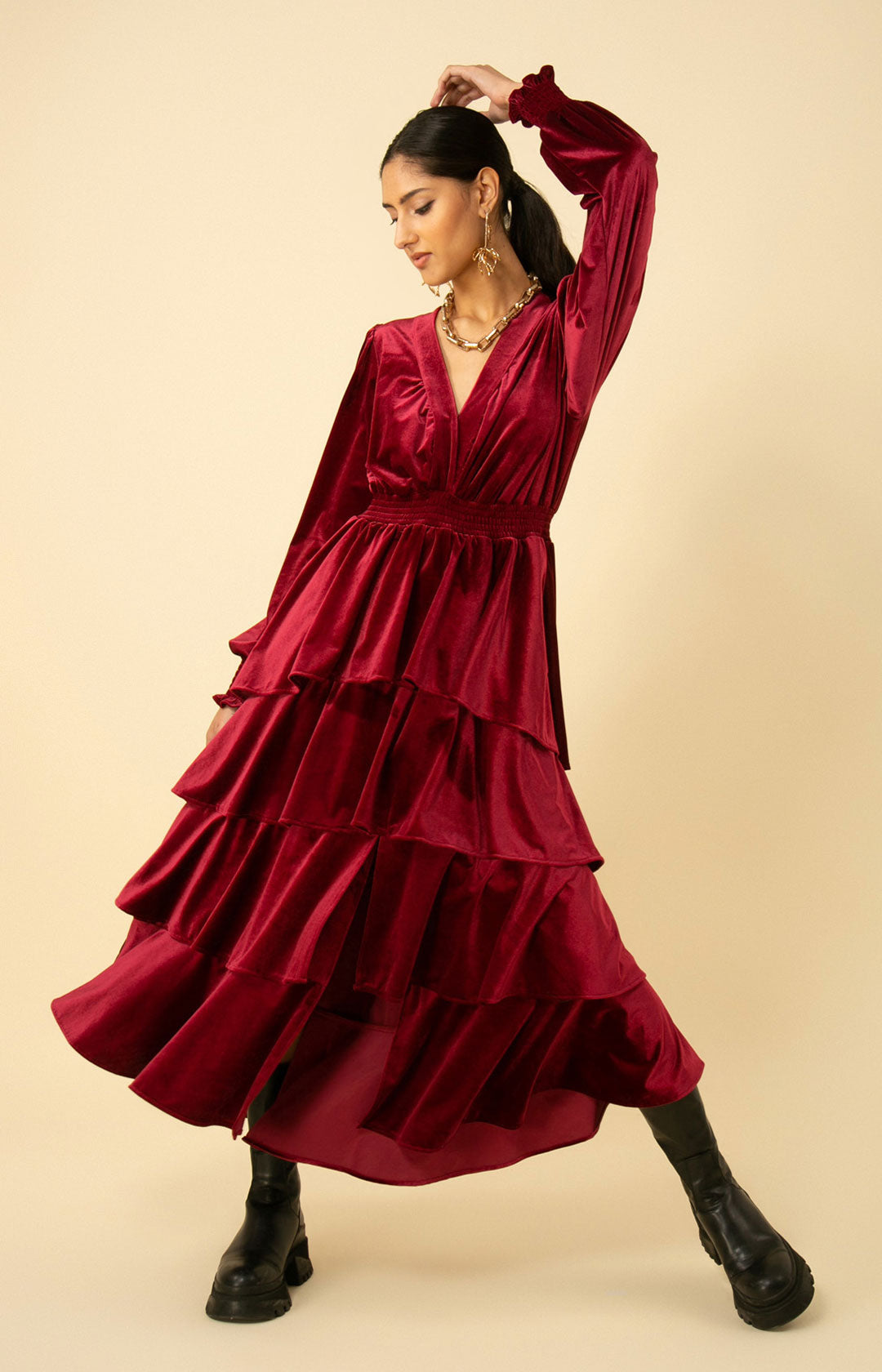 Draped-collar velvet maxi dress, Contemporaine