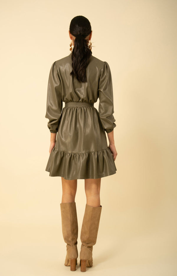 Emily Smocked Faux Leather Dress, color_olive