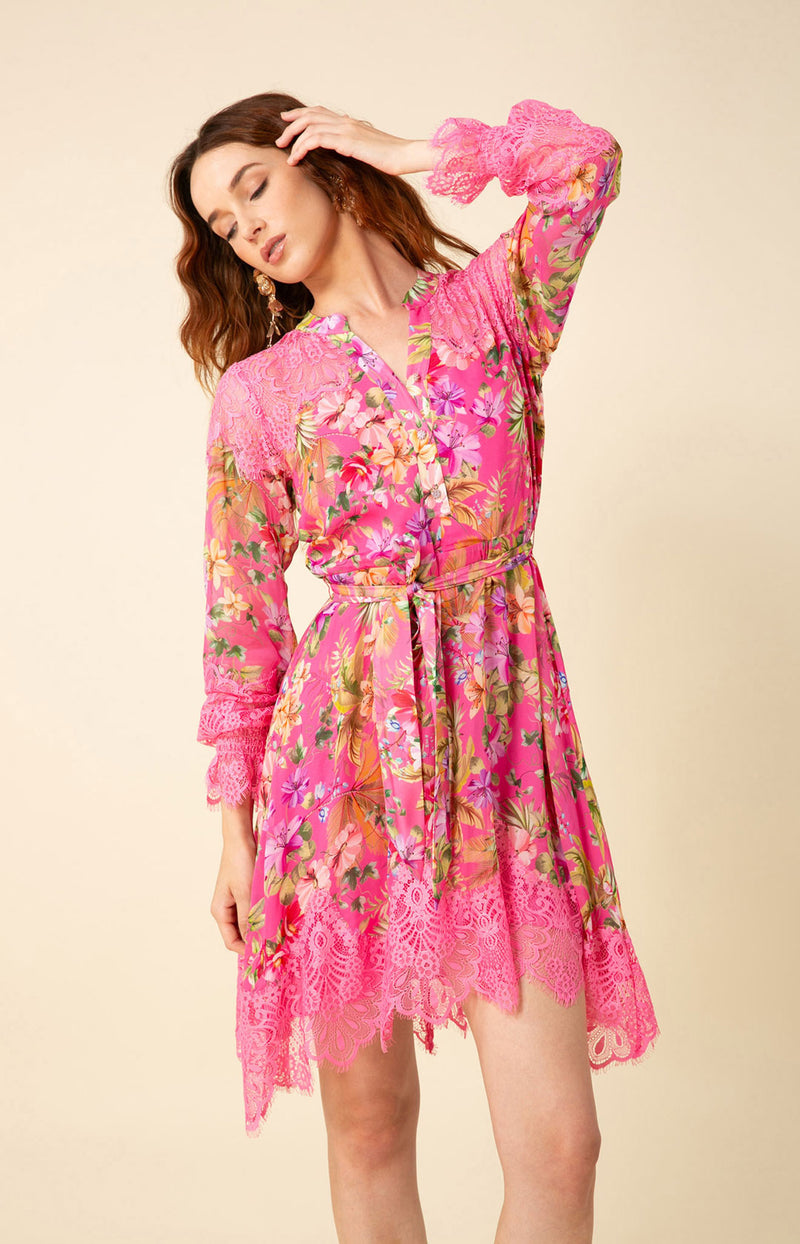 Lucile Lace Trim Georgette Dress, color_pink