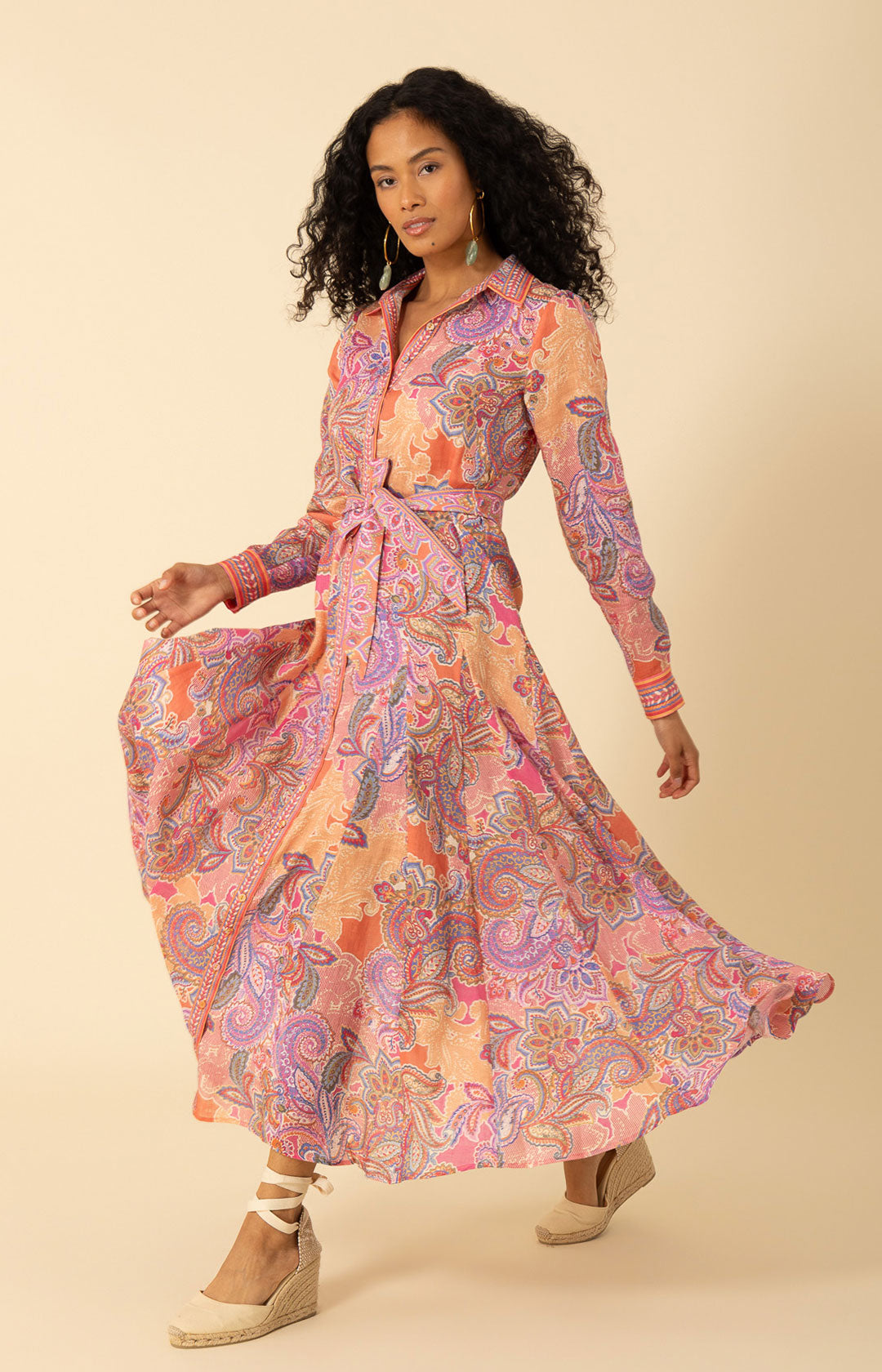 pink linen dress long sleeve Positano Dress in Pink Linen