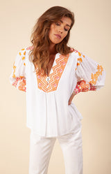 Kizzy Embroidered Crinkle Gauze Top, color_coral