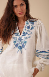 Clea Embroidered Linen Top, color_blue