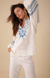Clea Embroidered Linen Top, color_blue