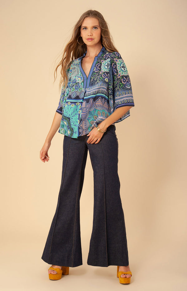 Janessa Silk Bell Sleeve Top, color_navy