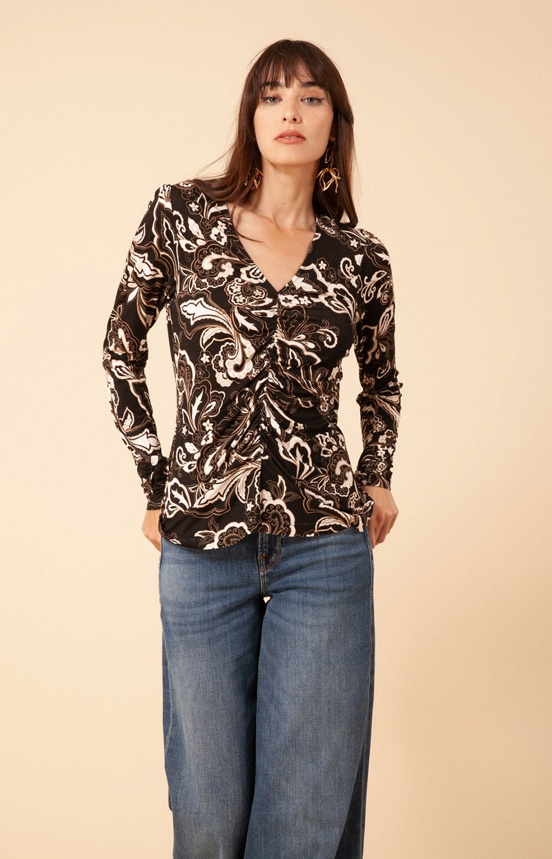 India Shirred Jersey Top, color_black