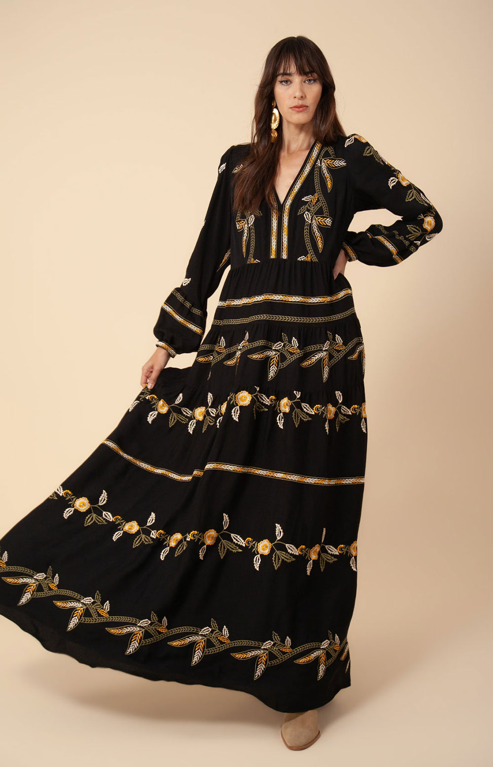 free people amelia maxi dress Amelia Embroidered Crepe Maxi Dress Black / XS