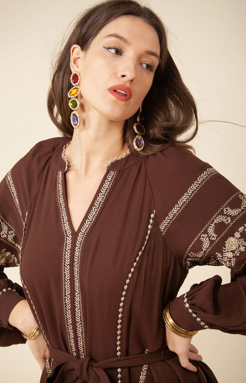 Mila Embroidered Dress, color_brown