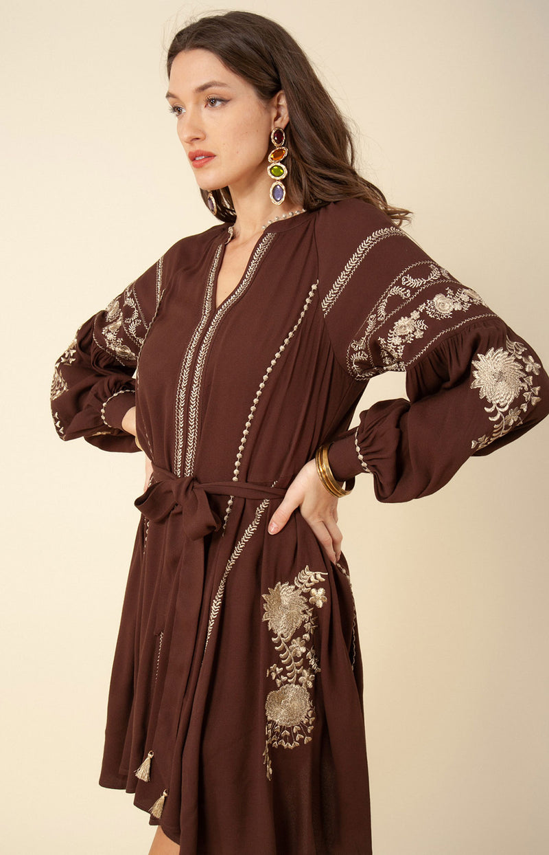 Mila Embroidered Dress, color_brown