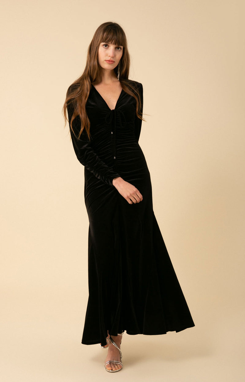 Lya Shirred Velvet Maxi Dress, color_black