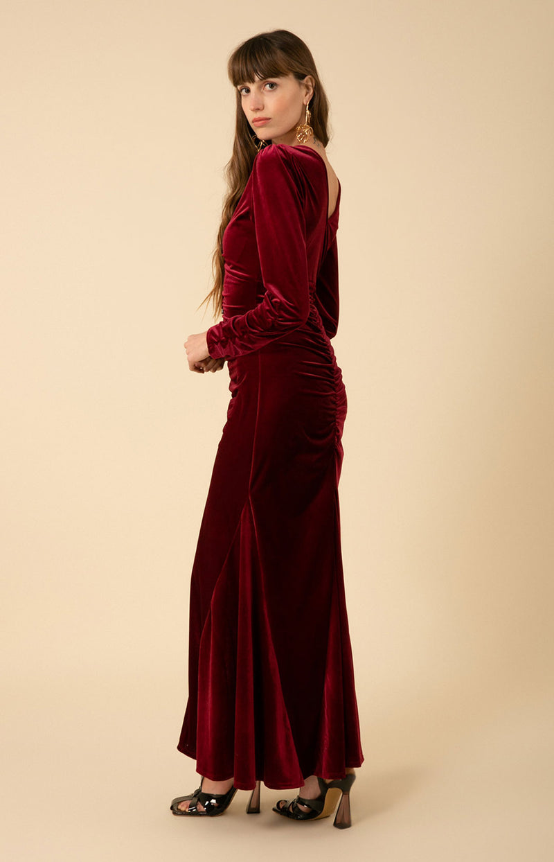 Lya Shirred Velvet Maxi Dress, color_burgundy