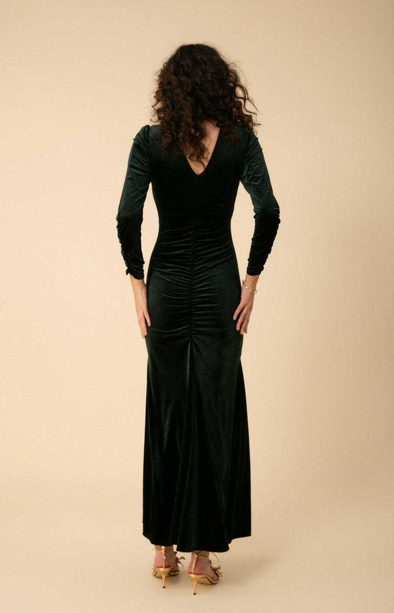 Lya Shirred Velvet Maxi Dress, color_emerald