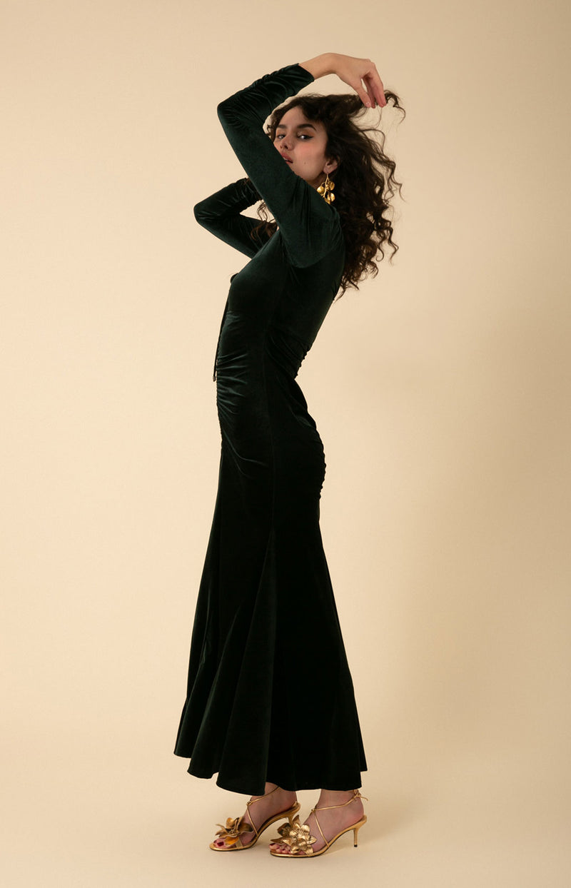 Lya Shirred Velvet Maxi Dress, color_emerald
