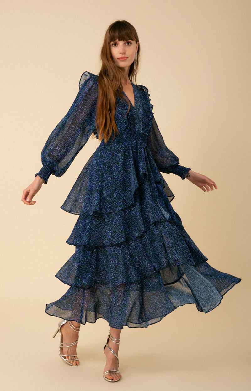 Love By Theia Blue Ruffle Tiered Open Strappy Back Cocktail Dress Womens 4 660acd97f3d6241d40e2ae02