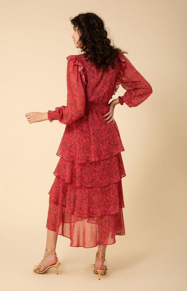 Alma Tiered Chiffon Dress, color_raspberry