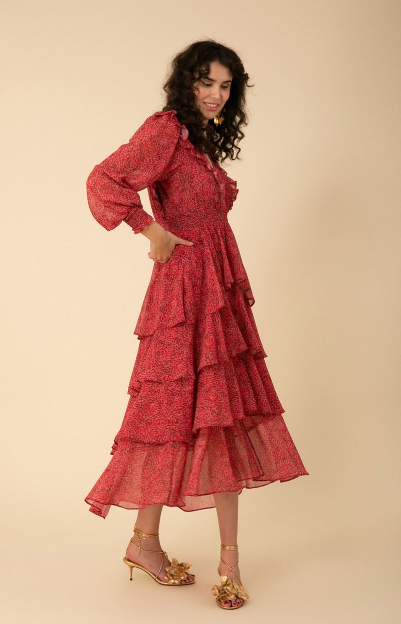  Alma Tiered Chiffon Dress, color_raspberry