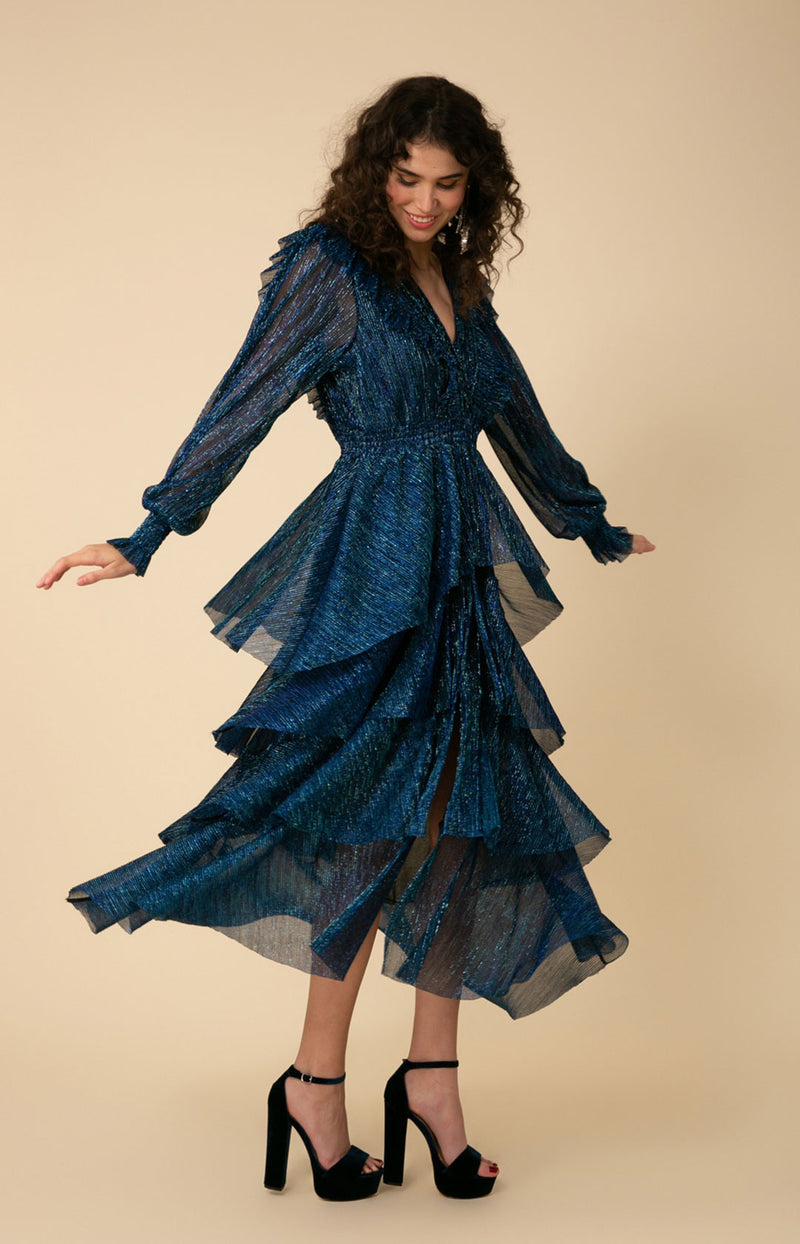 Lyna Lurex Crinkle Chiffon Dress, color_blue