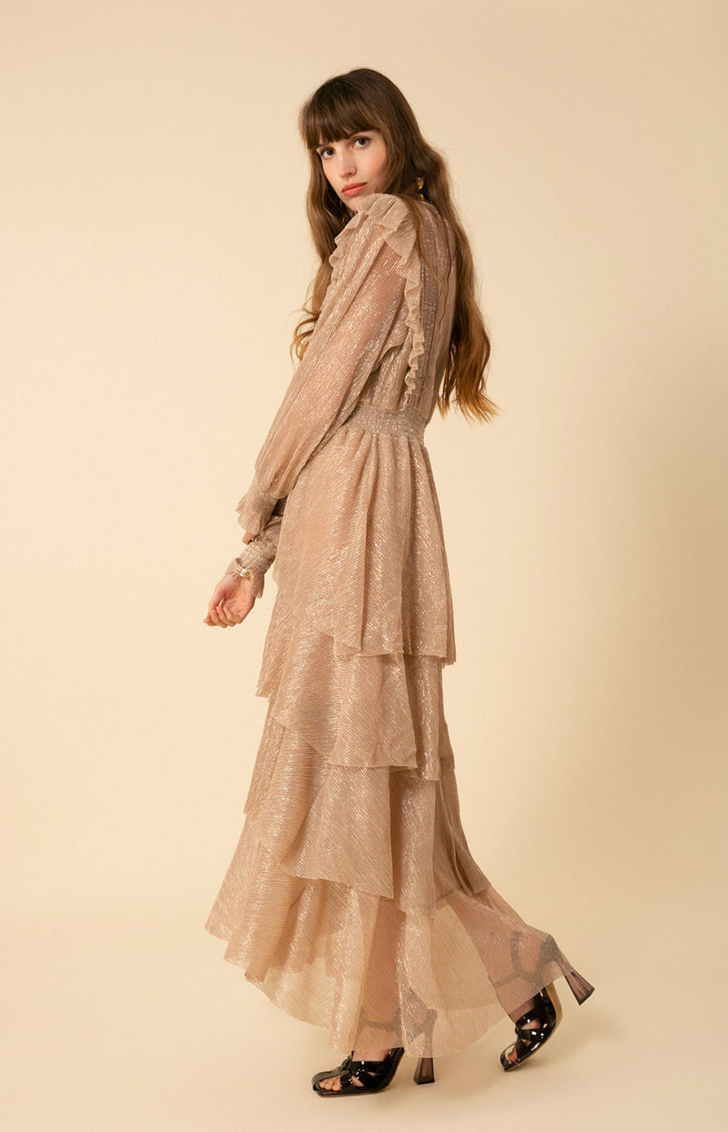 Lyna Lurex Crinkle Chiffon Dress, color_champagneLyna Lurex Crinkle Chiffon Dress, color_chamoise