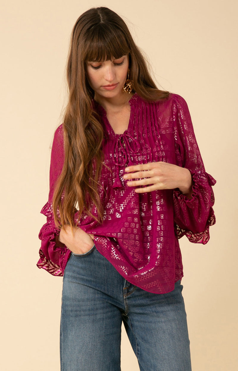Mäelys Foiled Chiffon Lace-Up Top, color_raspberry