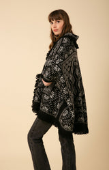 Maria Fringe Oversized Poncho Jacquard Sweater, color_black