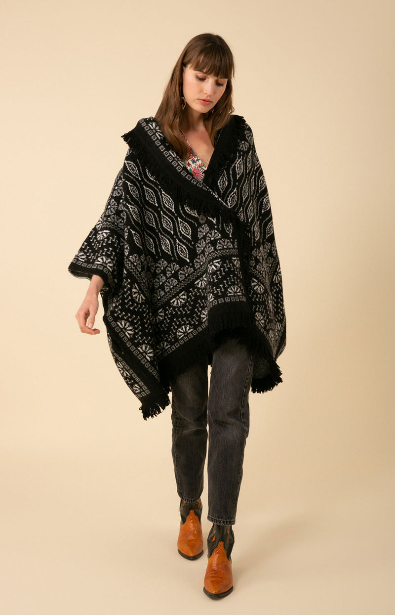 Maria Fringe Oversized Poncho Jacquard Sweater