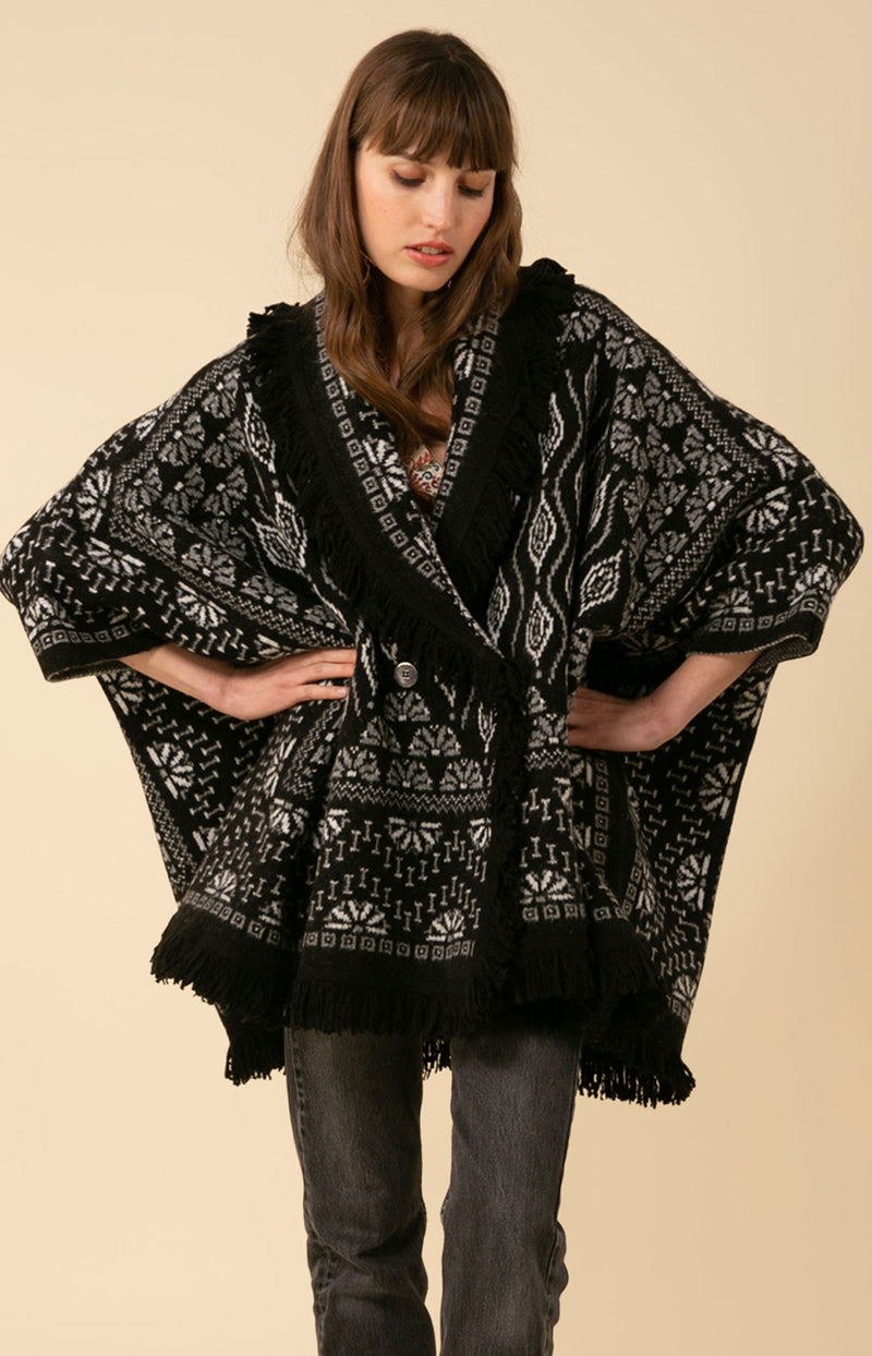 Maria Fringe Oversized Poncho Jacquard Sweater, color_black