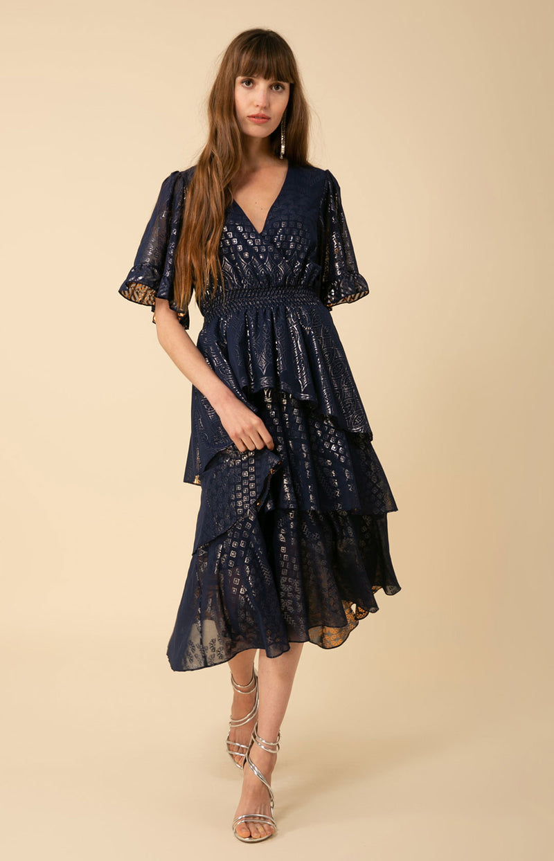 Joy Tiered Foiled Midi Dress, color_navy
