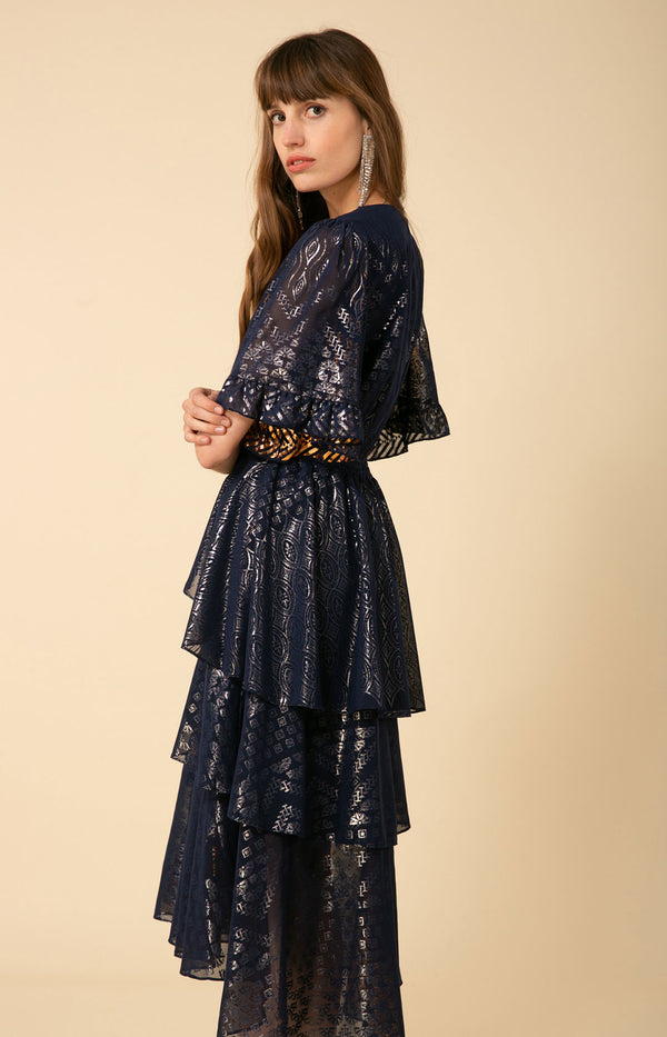 Joy Tiered Foiled Midi Dress, color_navy