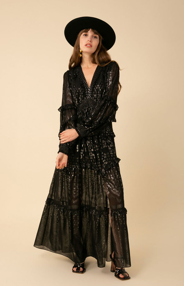 Mathilde Foiled Tiered Maxi Dress, color_black