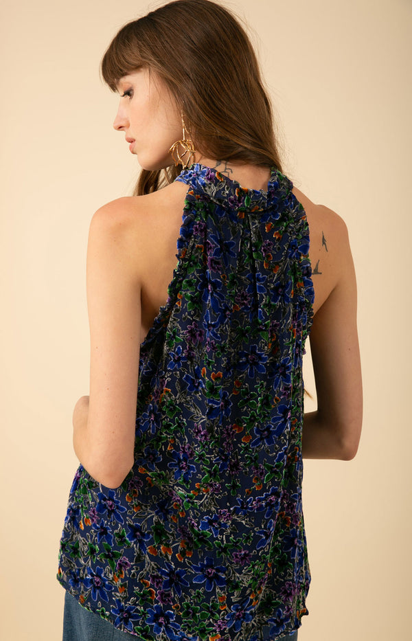 Thais Halter Velvet Burnout Top, color-blue