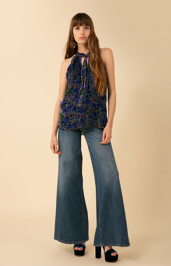 Thais Halter Velvet Burnout Top, color-blue