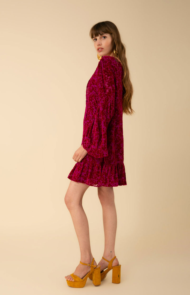 Salome Solid Velvet Burnout Dress, color_magenta