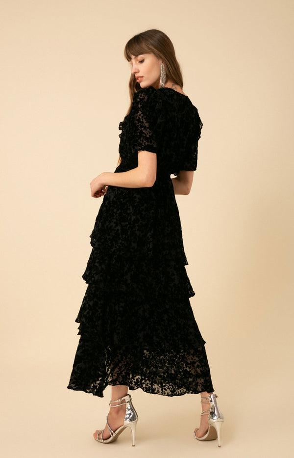Valentine Solid Velvet Burnout Tiered Dress, color_black