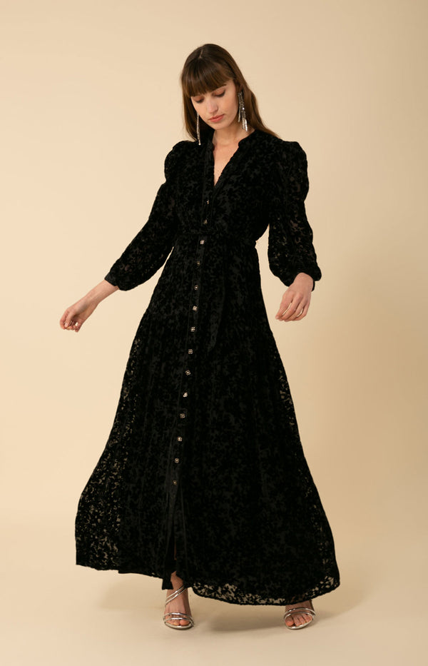 Heloise Solid Velvet Burnout Maxi Dress, color_black