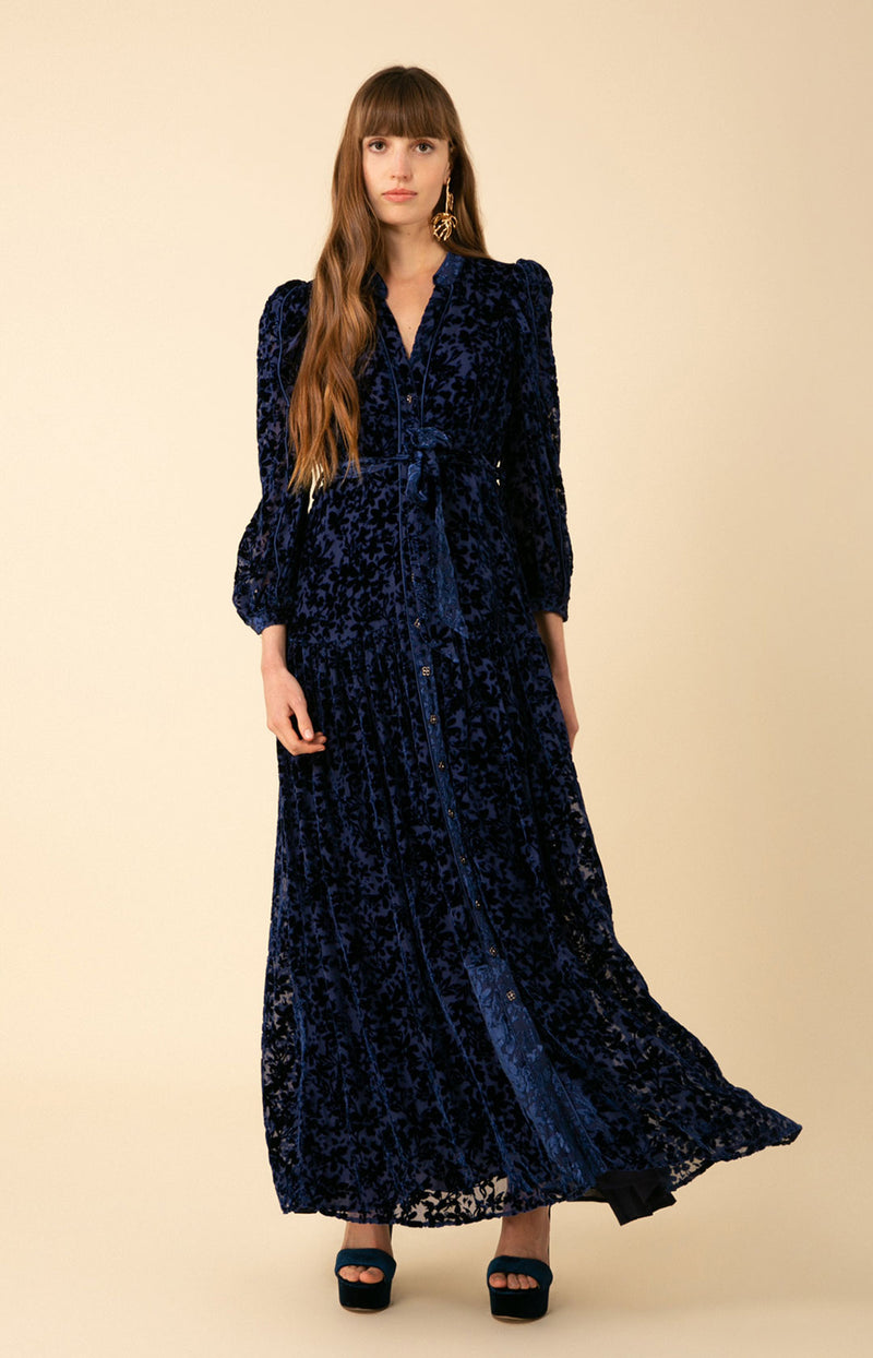 Navy Blue Long Sleeve Velvet Maxi Dress -  Sweden