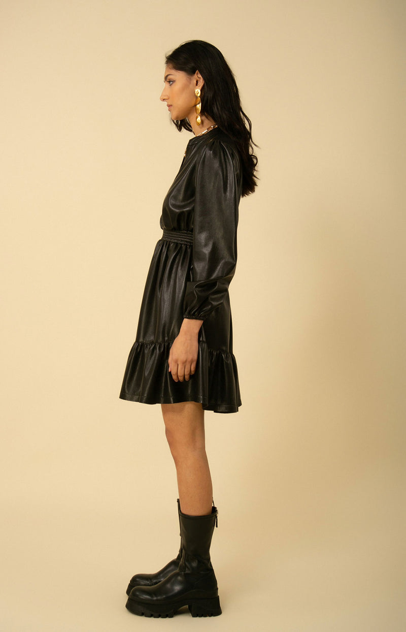 Emily Smocked Faux Leather Dress, color_black