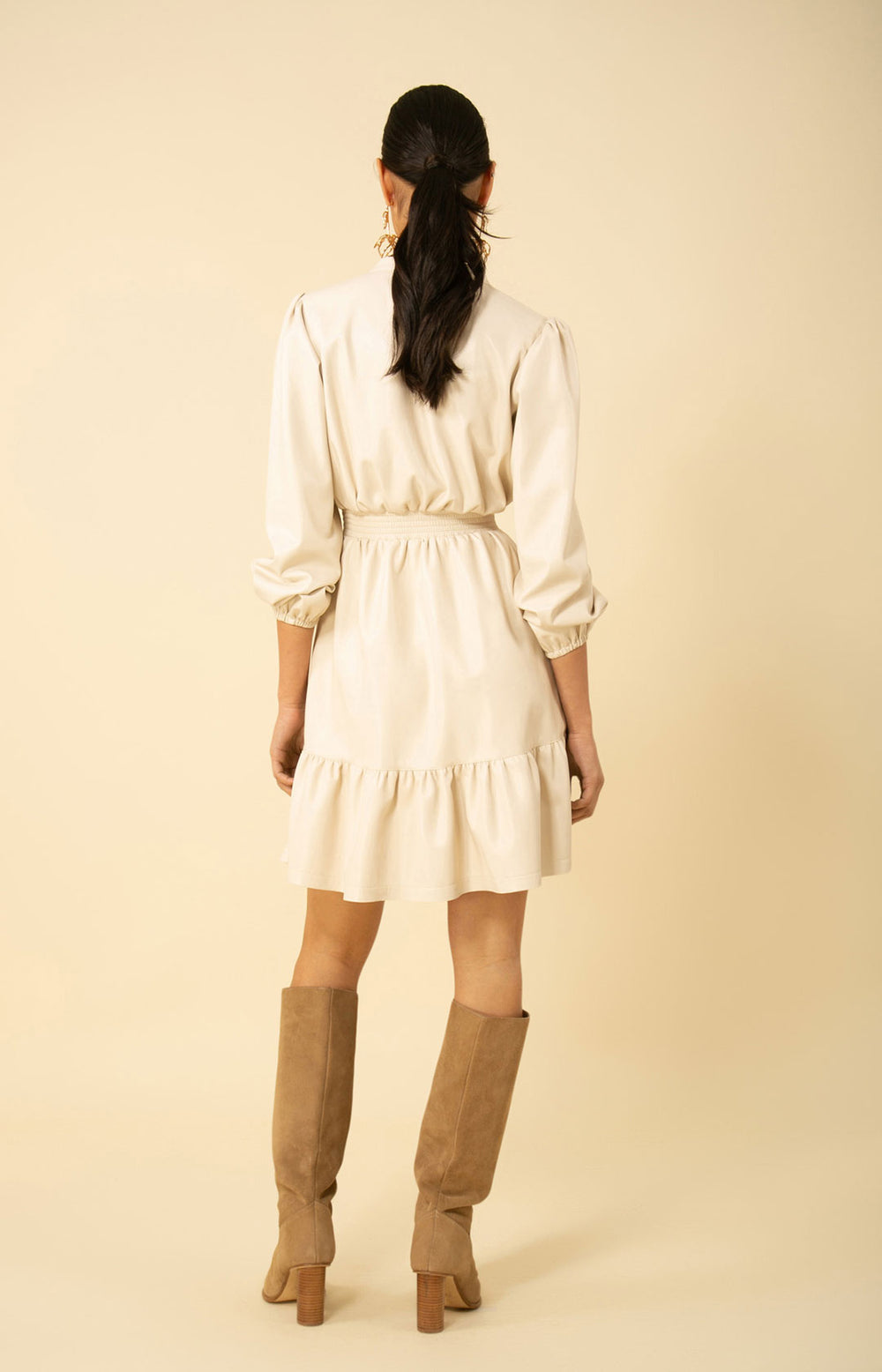 Emily Smocked Faux Leather Dress Ivory / S