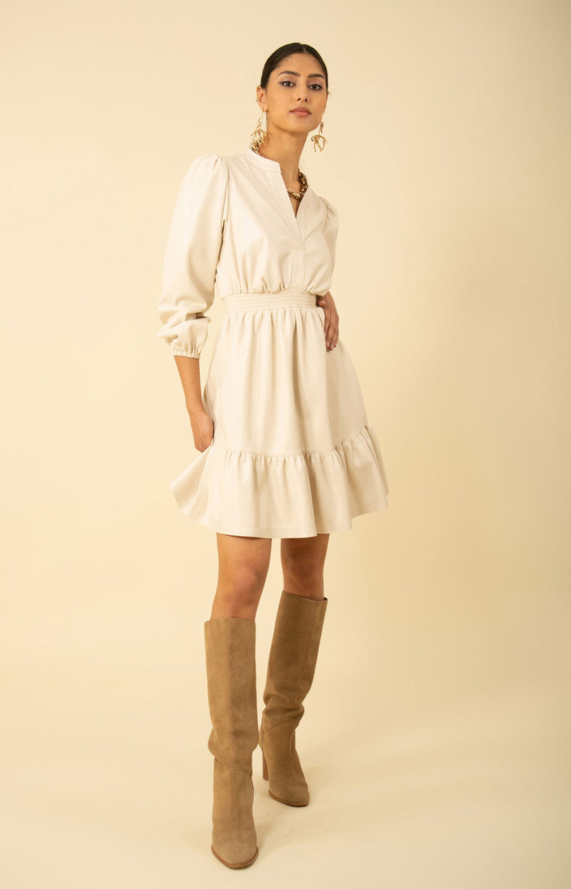Emily Smocked Faux Leather Dress, color_ivory