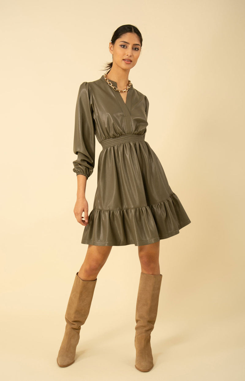 Emily Smocked Faux Leather Dress, color_olive