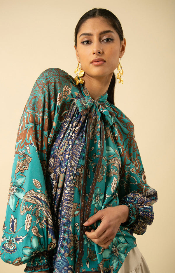 Addison Twill Scarf Tie Neck Top, color_teal
