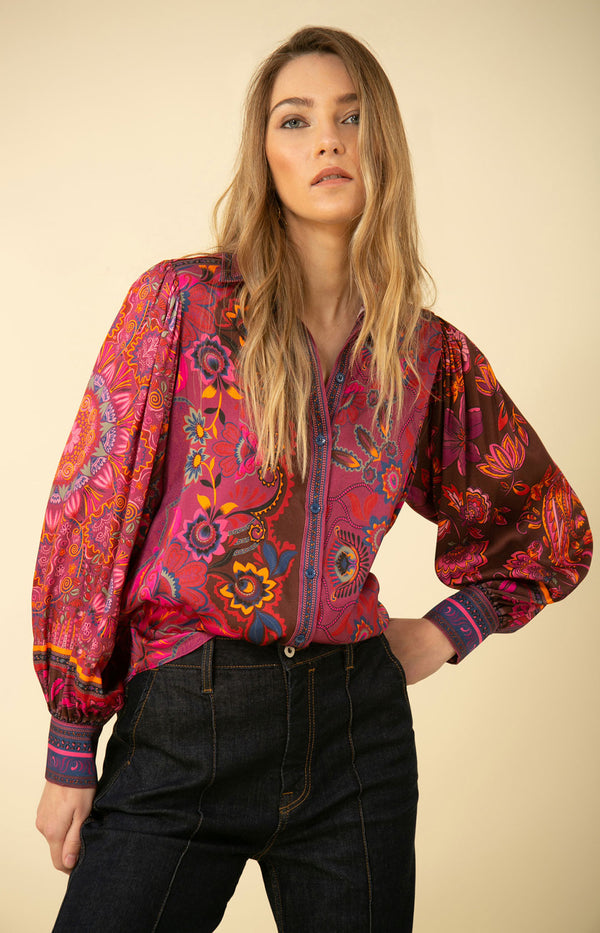 Lucy Twill Button Up Top, color_raspberry
