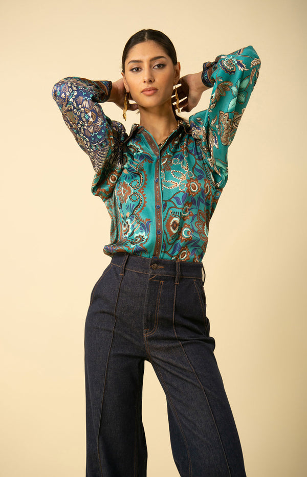 Lucy Twill Button Up Top, color_teal