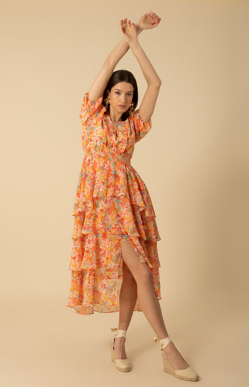 Lainey Tiered Chiffon Dress, color_orange