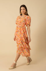 Lainey Tiered Chiffon Dress, color_orange