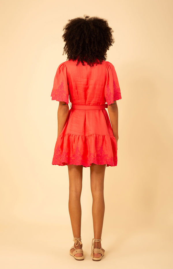 Haven Embroidered Linen Dress, color_coral