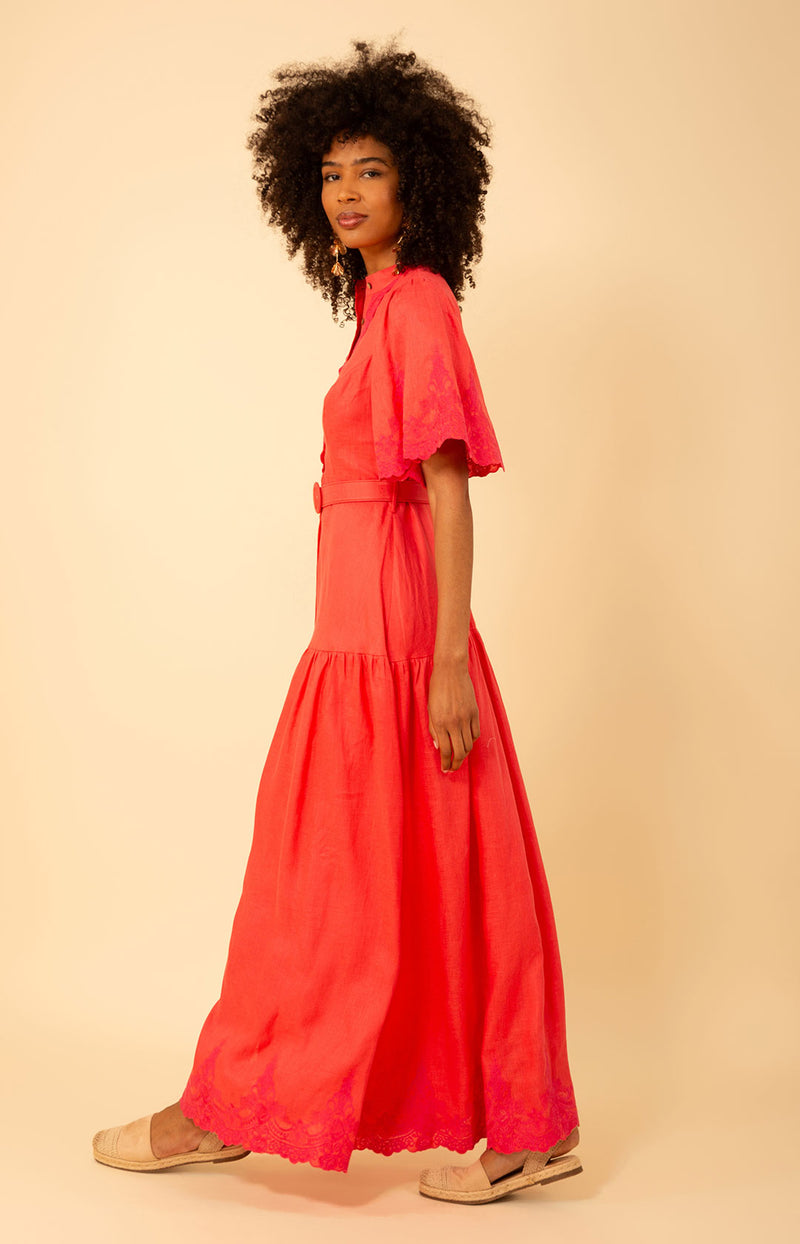 Haven Embroidered Linen Maxi Dress, color_coral