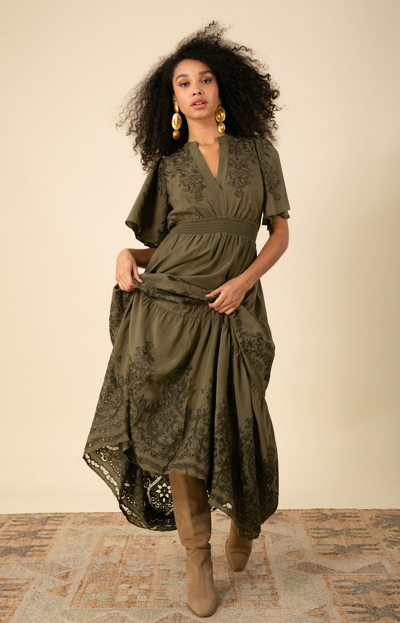 Mariah Embroidered Maxi Dress Olive / M Mariah Embroidered Maxi Dress Olive / M