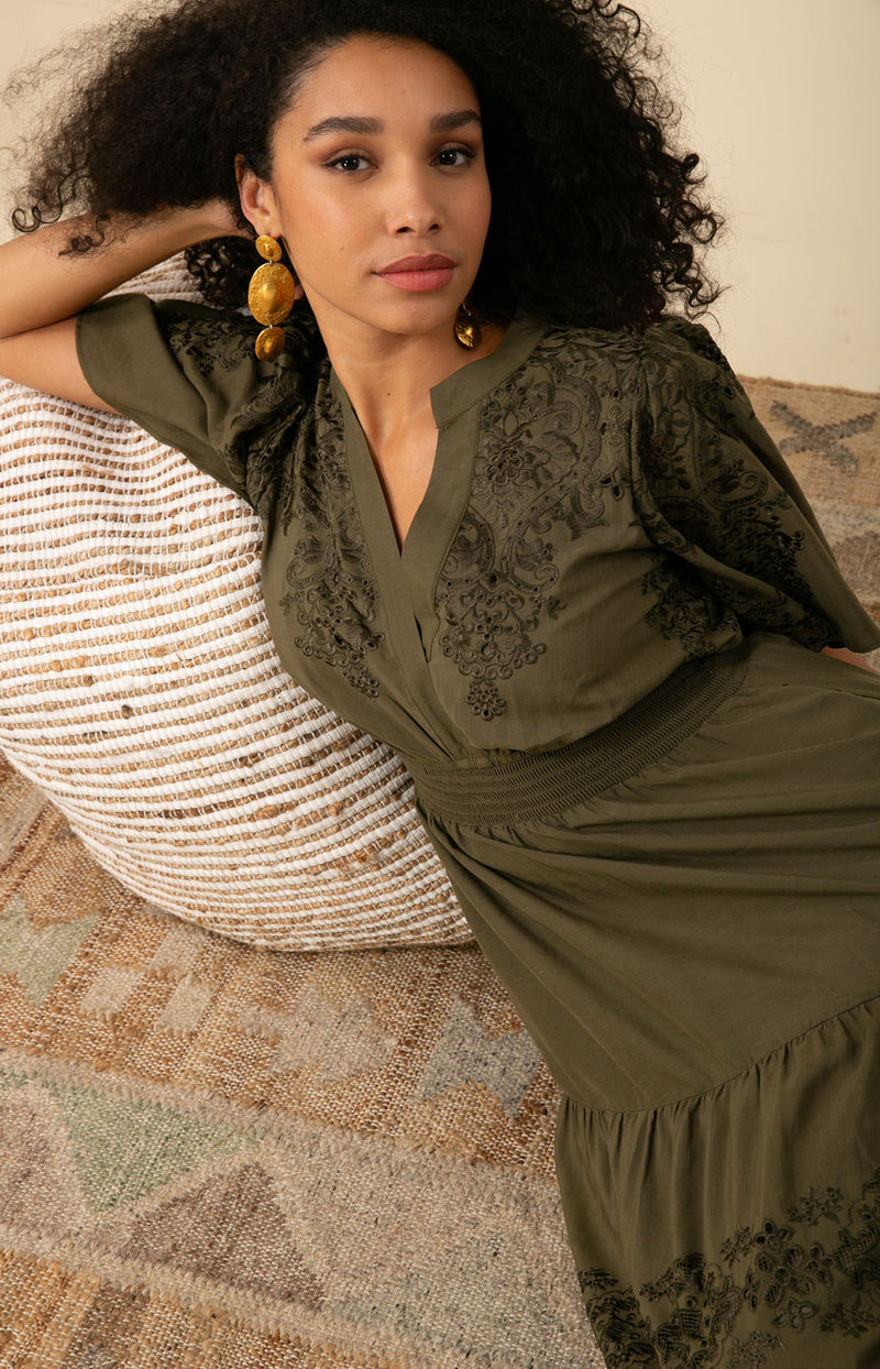 Mariah Embroidered Maxi Dress Olive / M Mariah Embroidered Maxi Dress Olive / M