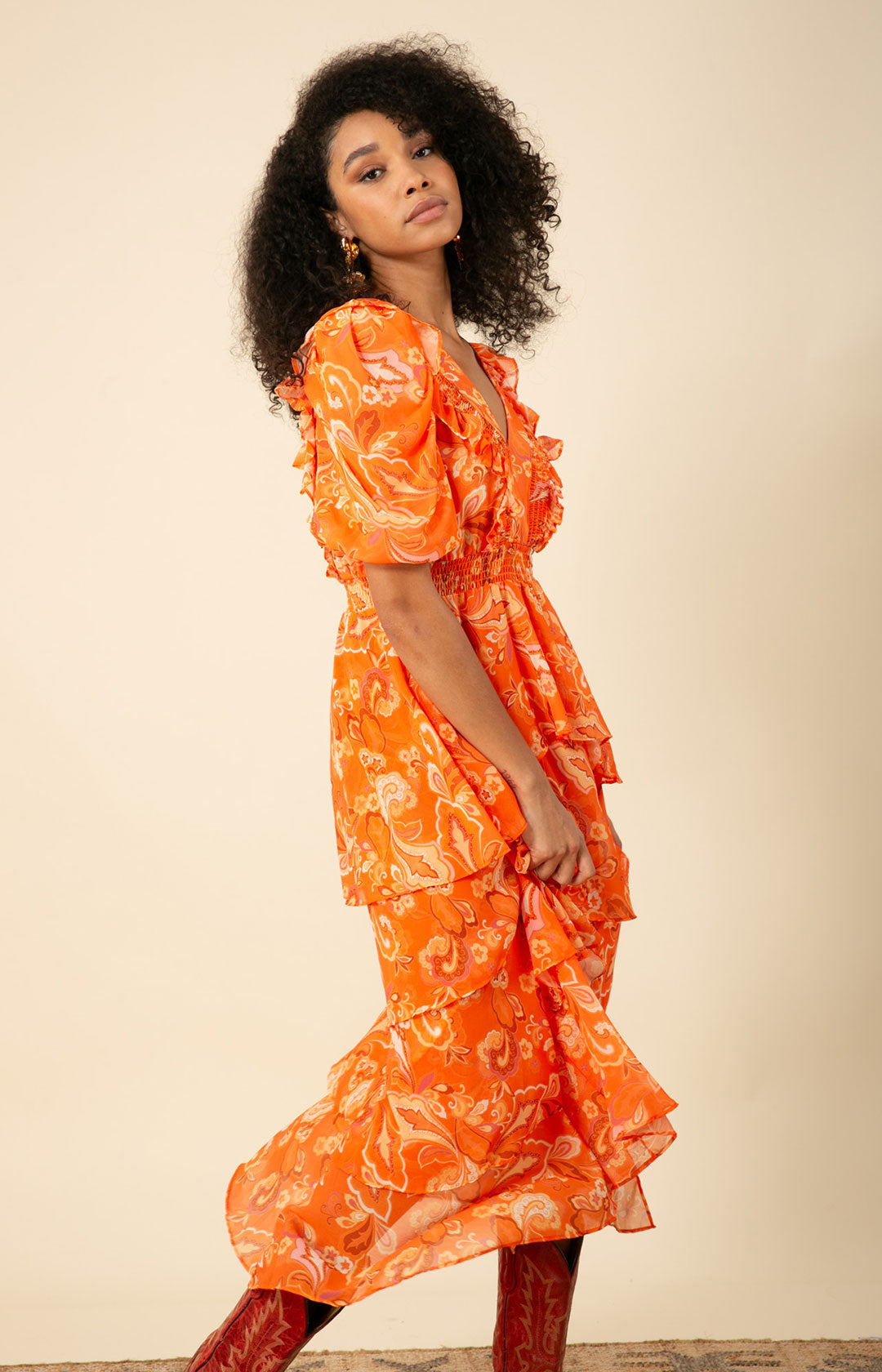 Gilded Dream Chiffon Hem Maxi Dress Print Beige