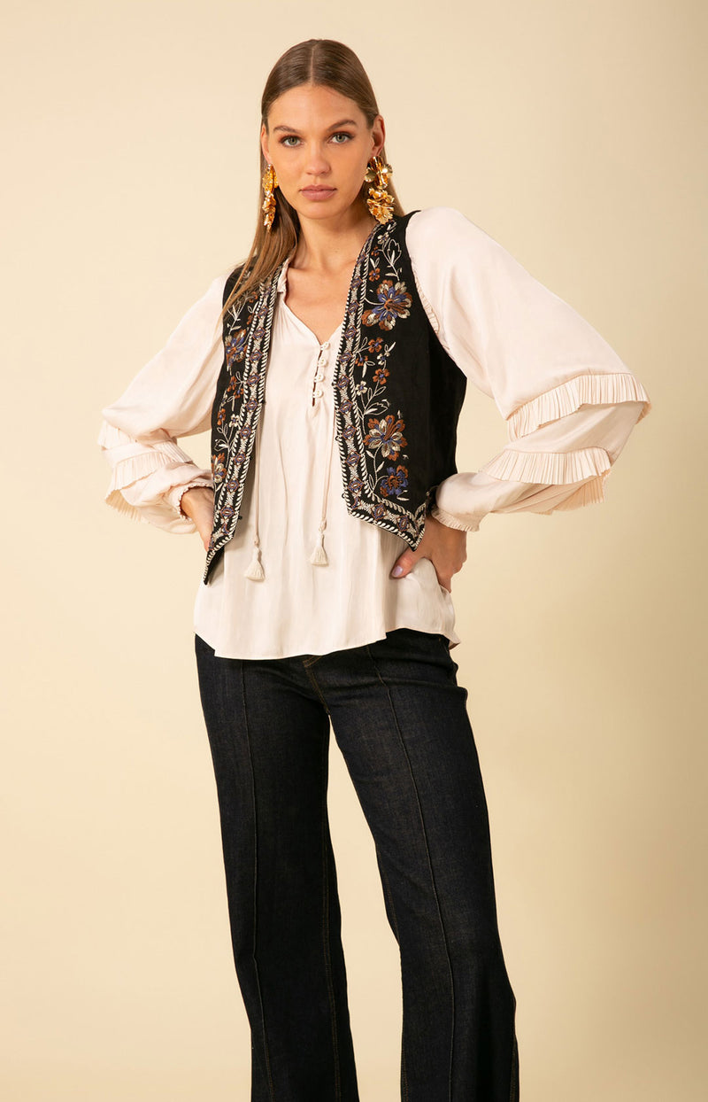 Madeleine Embroidered Linen Vest, color_black